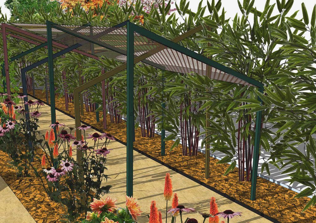 Le projet en 3D du jardin thérapeutique du MAS de Sainte-Féréole, avec une vue de la pergola asymétrique