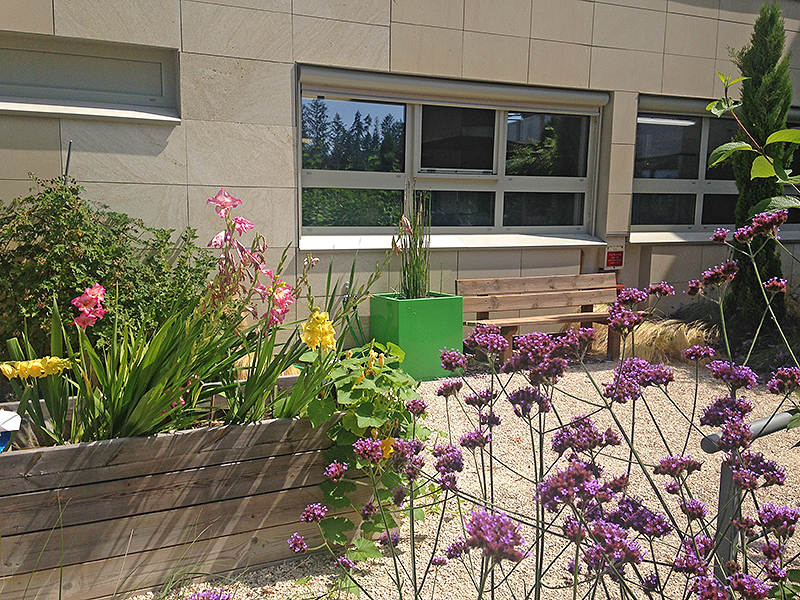 au pied du bâtiment, le jardin thérapeutique