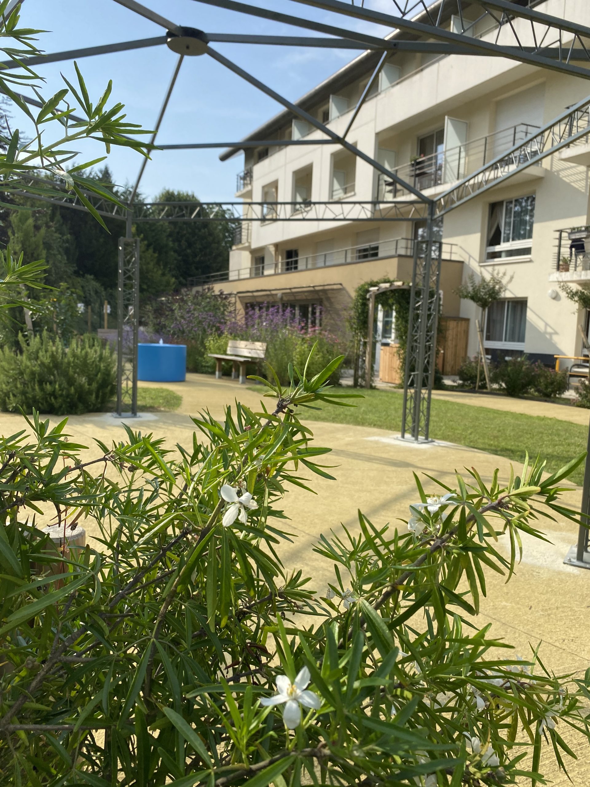 Vue du bâtiment de la résidence à travers la végétation depuis l'espace pergolas.