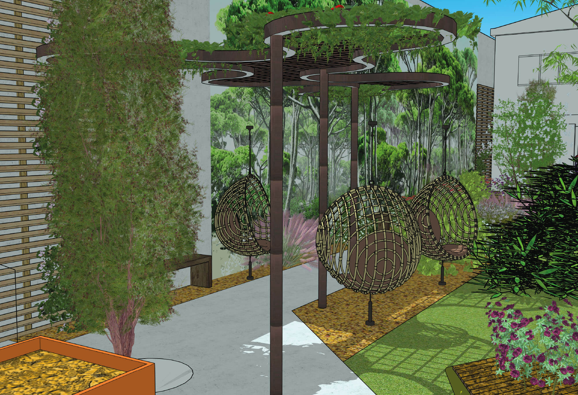 detail-projet-les-platanes Illustration d'un détail du projet du jardin. Contre le mur d'enceinte, des balancelles en bois sous une pergolas permettront aux élèves de se détendre