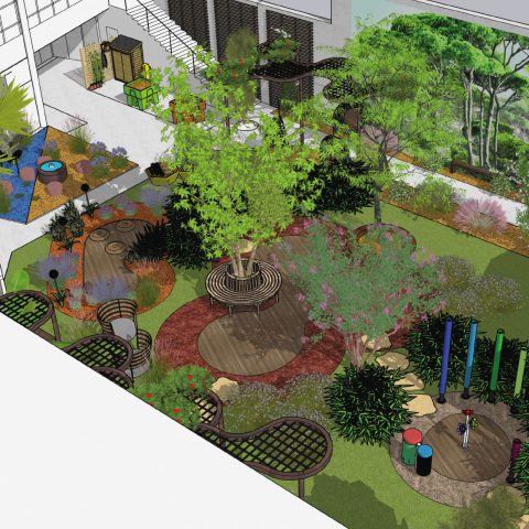 illustration vue de dessus du projet de jardin à l'école les platanes. L'espace de gazon est utilisé pour créer des zones ludiques et paysagers comme une fontaine, un parcours de couleur, etc.