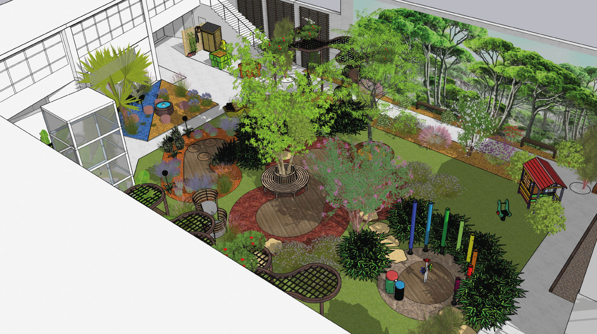 illustration vue de dessus du projet de jardin à l'école les platanes. L'espace de gazon est utilisé pour créer des zones ludiques et paysagers comme une fontaine, un parcours de couleur, etc.