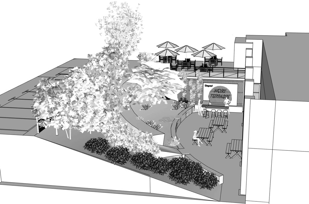 Projet de jardin d'entreprise pour LEGRAND à Limoges, esquisse noir et blanc. En bas, le work café.